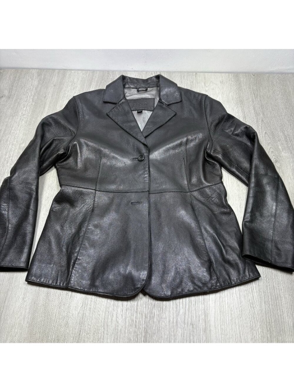 Guess Women Large Genuine Leather Jacket Blazer Black Button Collar Soft